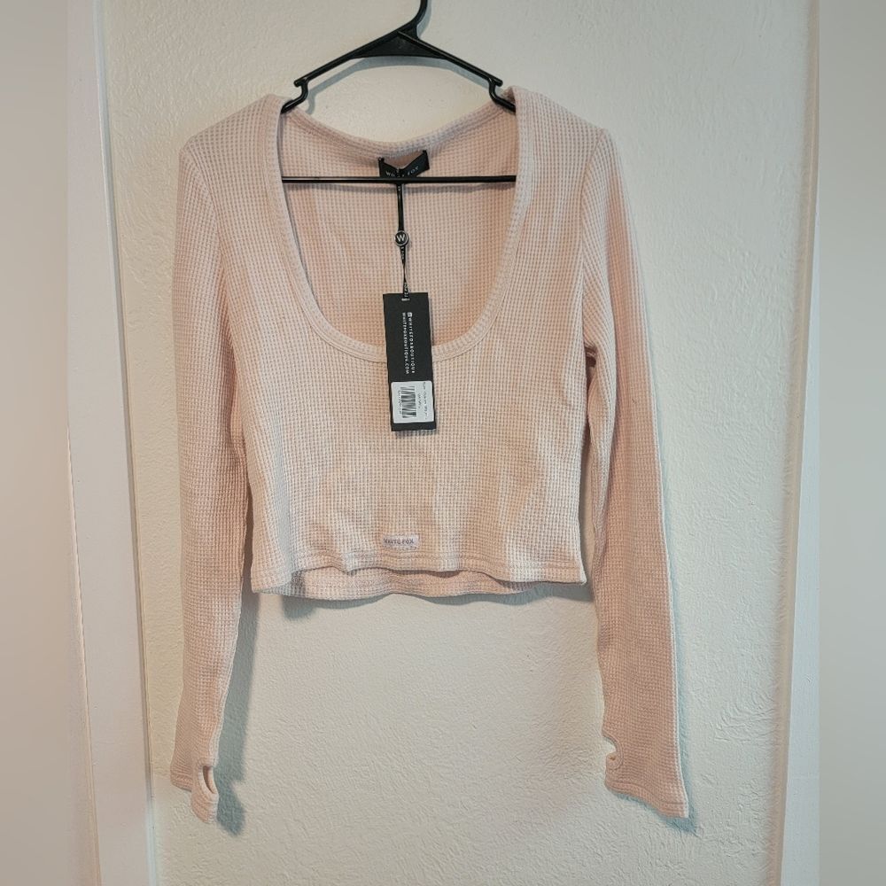White Fox Thermal Long Sleeve Knit Oatmeal Cropped Top Xlarge